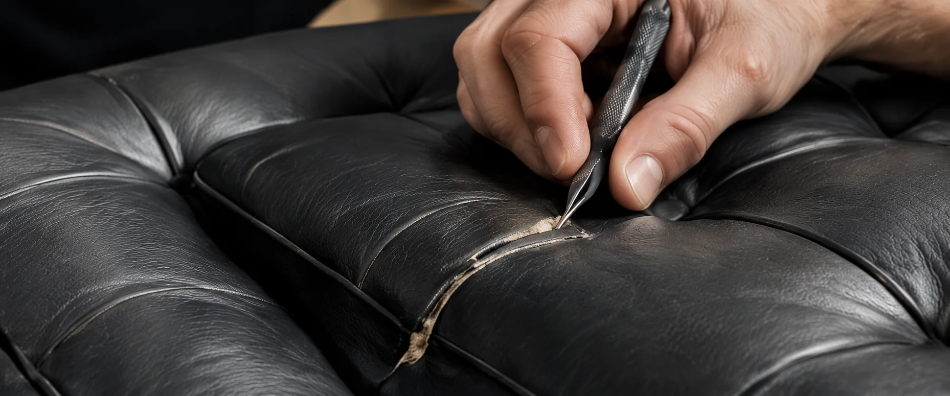Hand working an awl along a split seam on a tufted black leather cushion