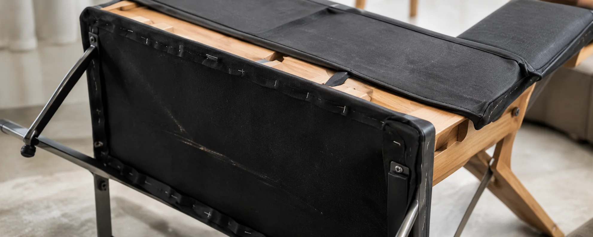 Underside of a leather seat showing the frame, webbing and attachment points