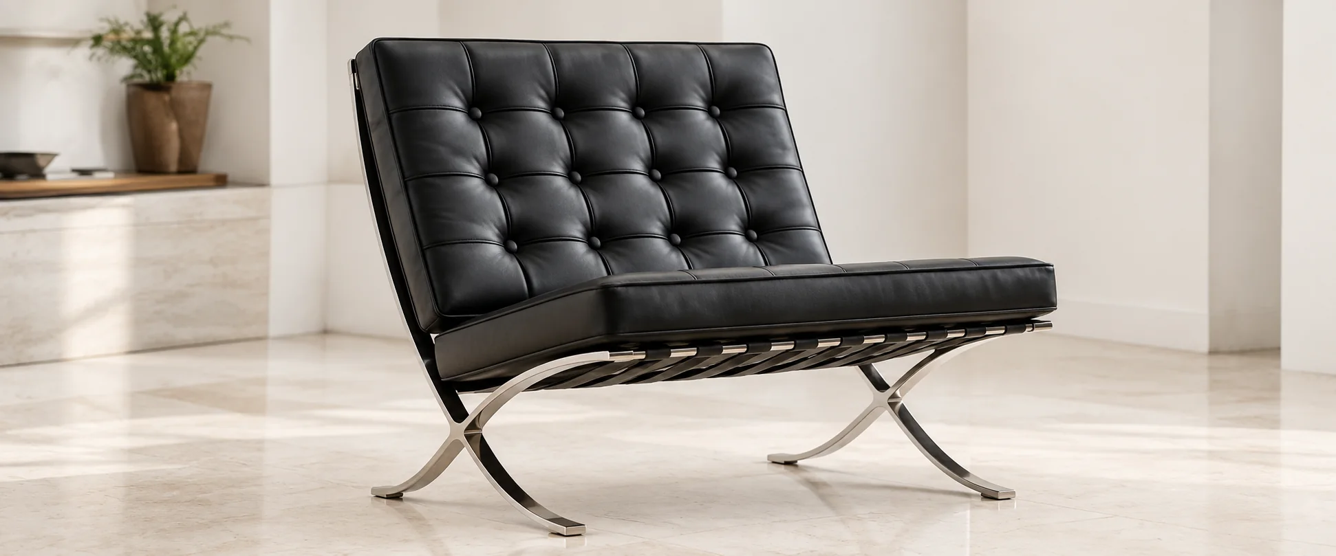 Black leather Barcelona chair photographed in full in a bright room