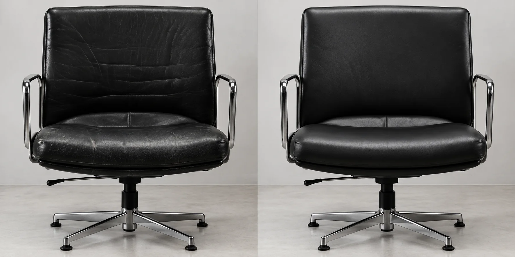 Pollock executive chair before and after leather repair, worn arms and seat brought back