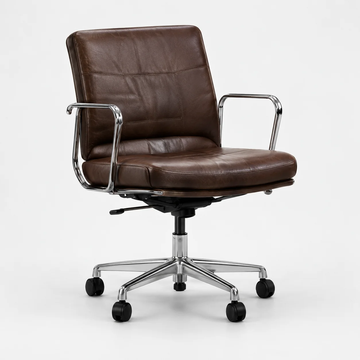 Knoll Pollock executive chair in brown leather with a polished aluminum rim and caster base
