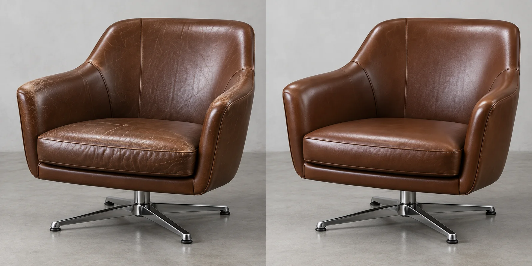 Saarinen executive chair before and after leather repair, faded brown leather re-colored