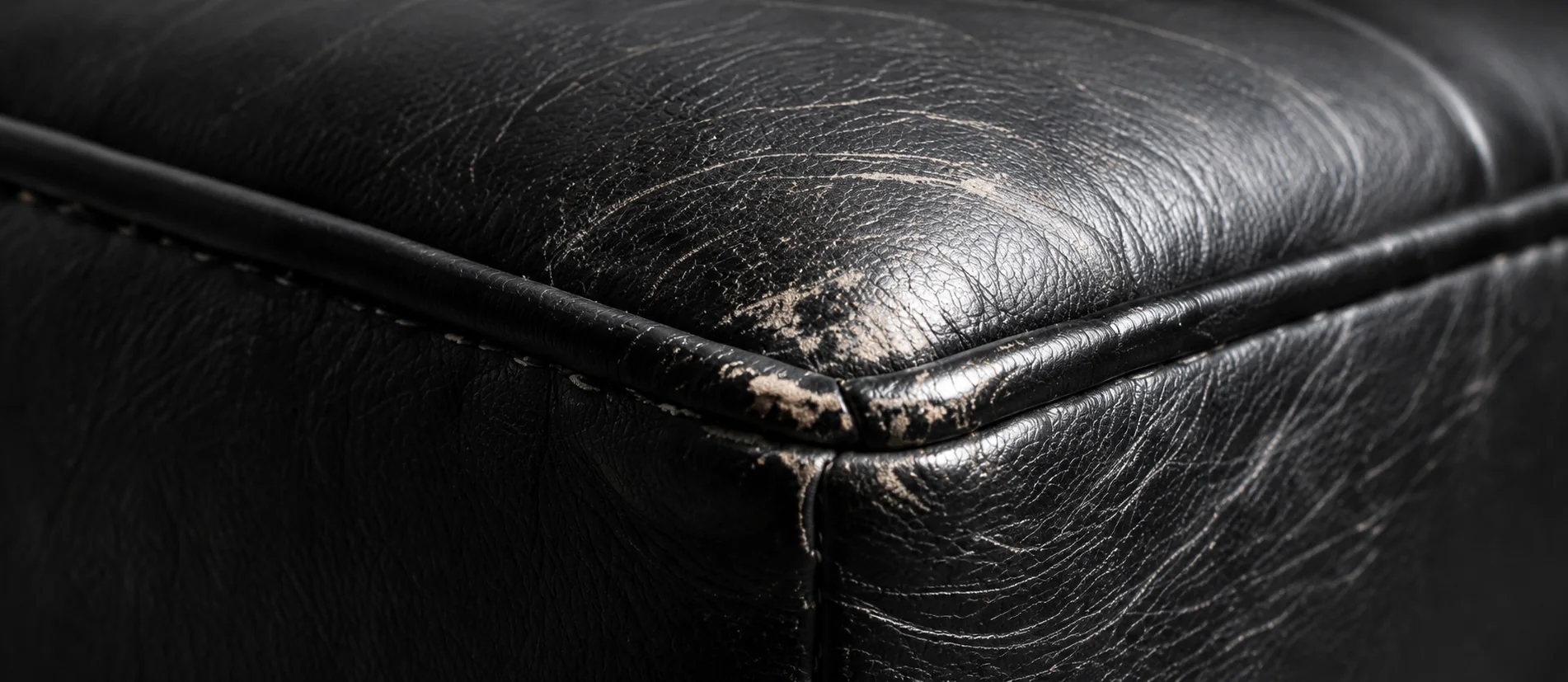 Scuffs and scratches along the front edge of a black leather Knoll seat cushion