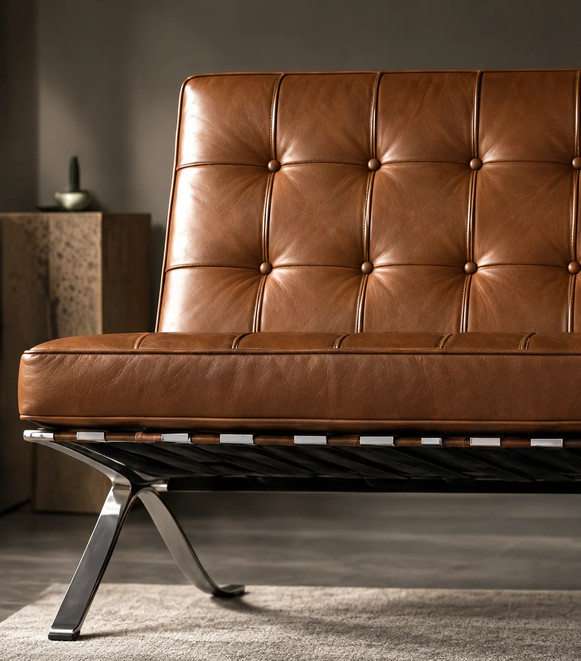 Tan tufted leather chair on a steel frame