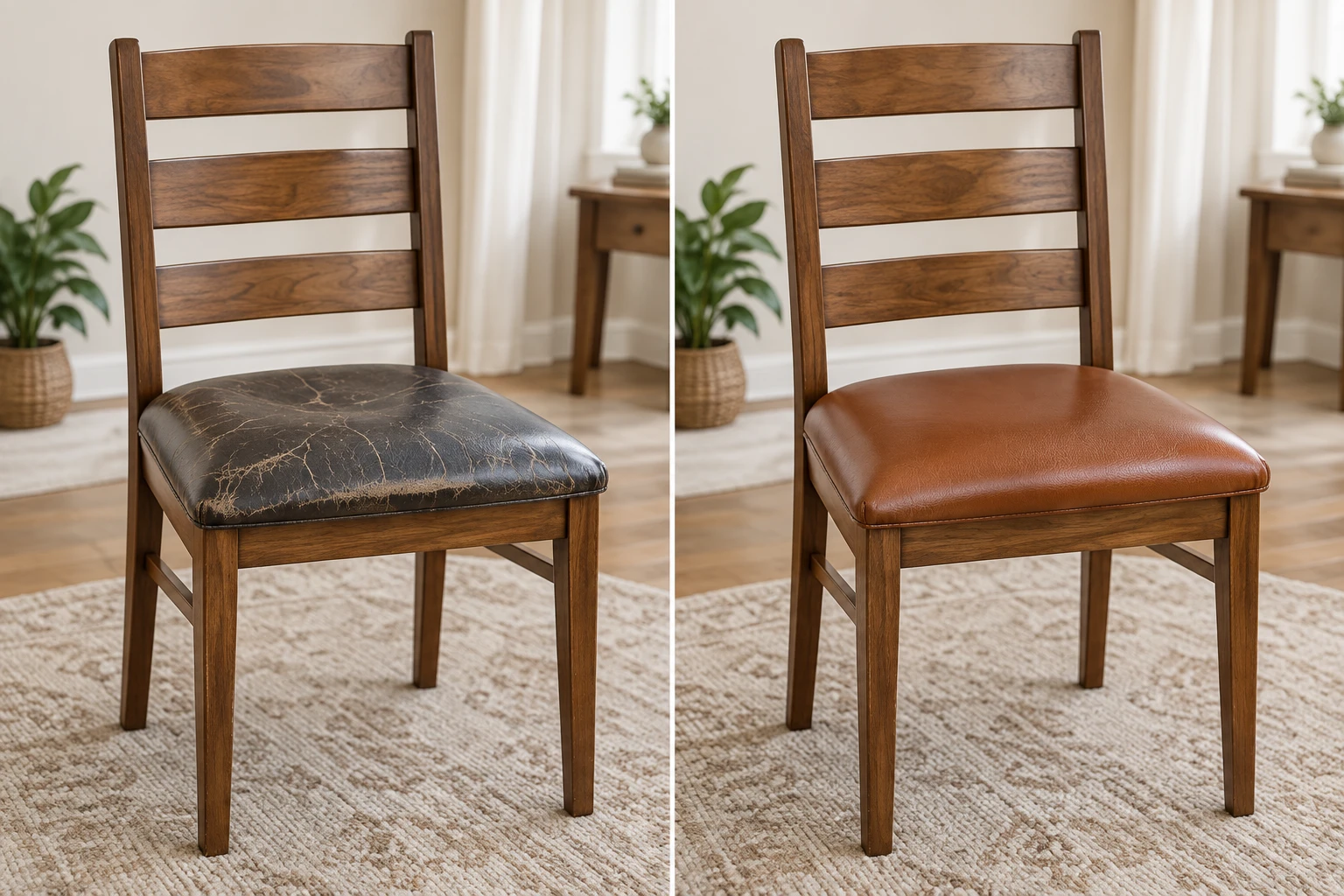 Dining chair reupholstery before and after: a walnut ladder-back chair with its old seat cracked and blackened on the left, the same chair with a tan leather seat on the right