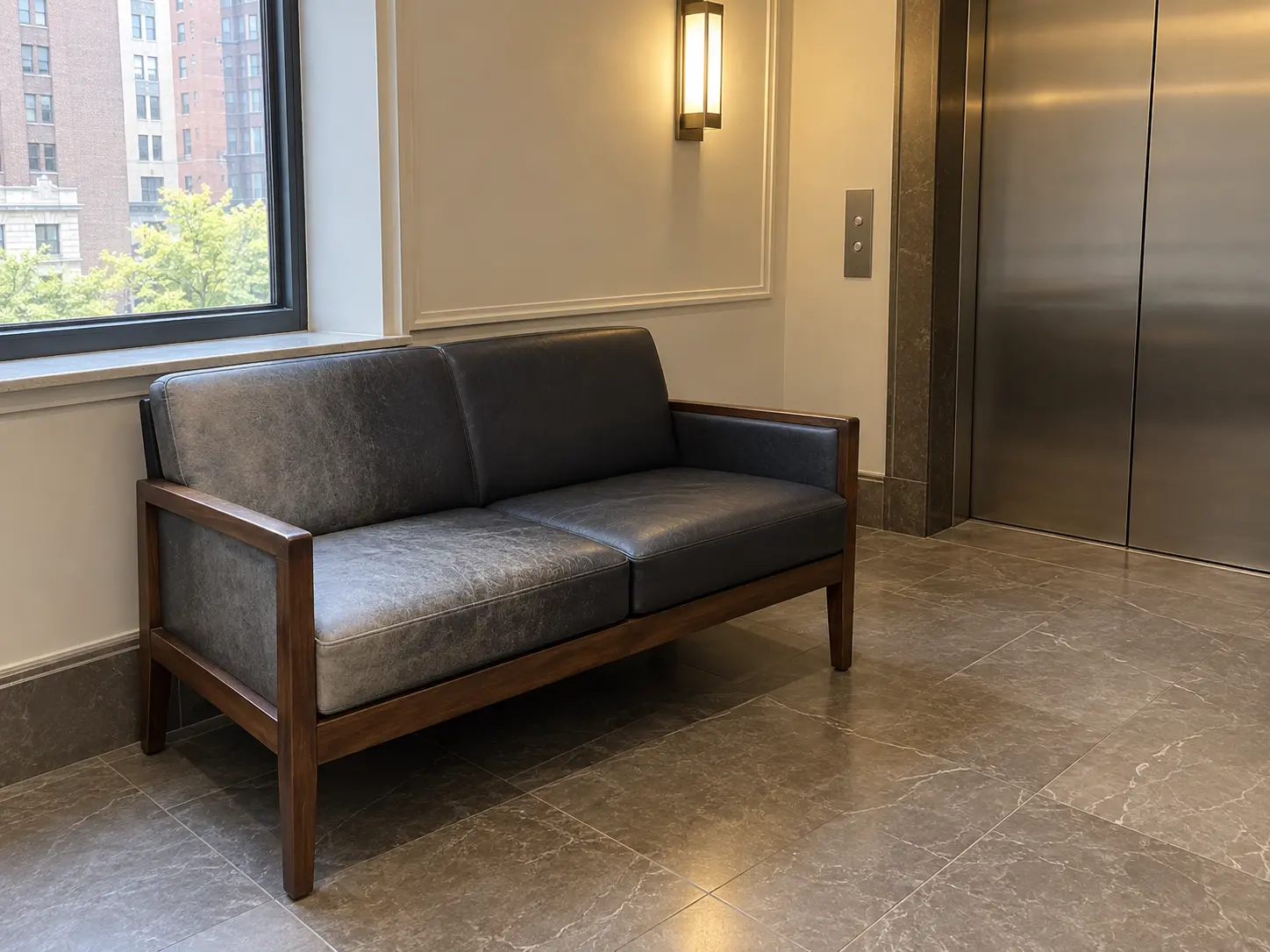 Faded leather settee by an elevator