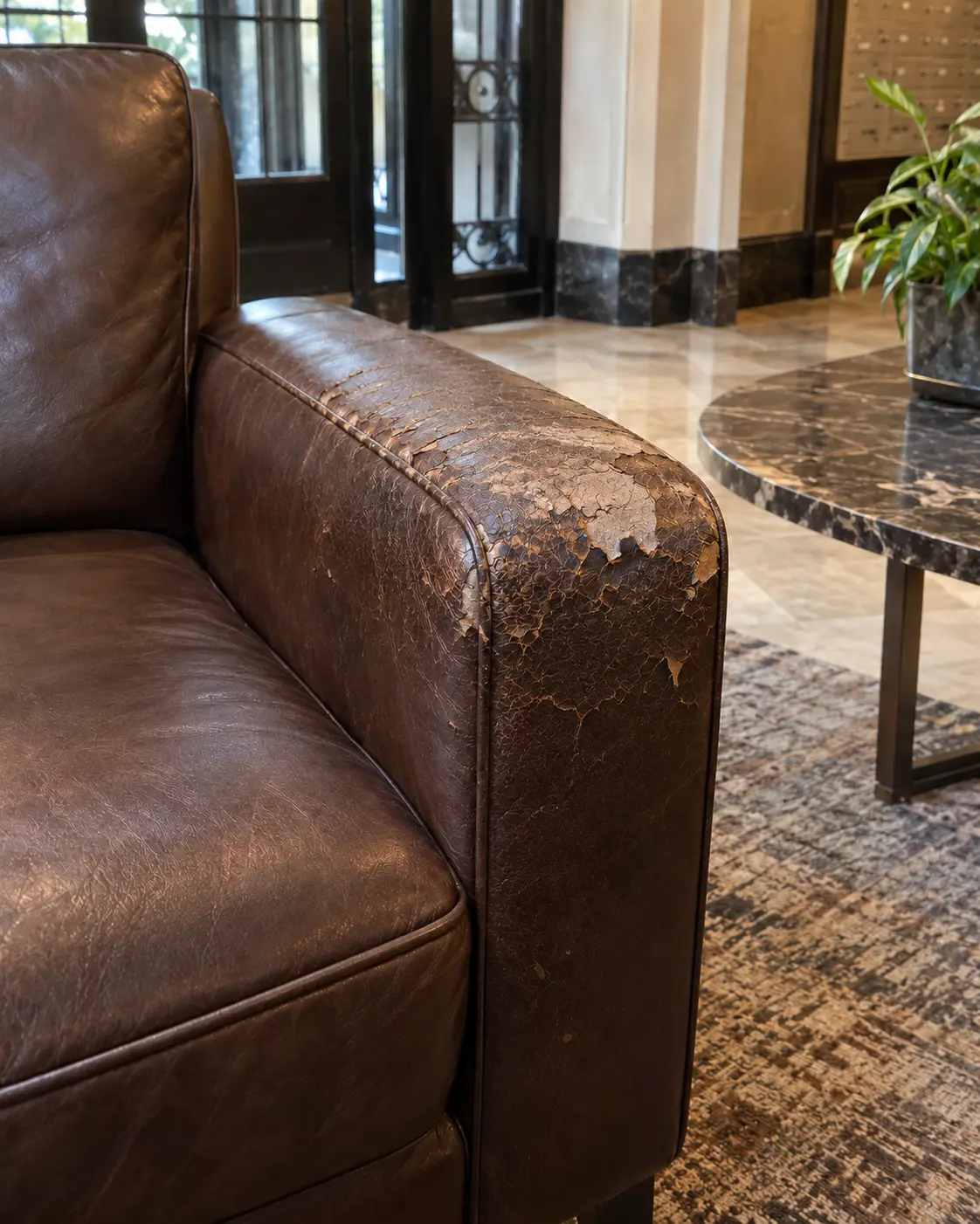 A leather chair arm left for years, cracked and flaking