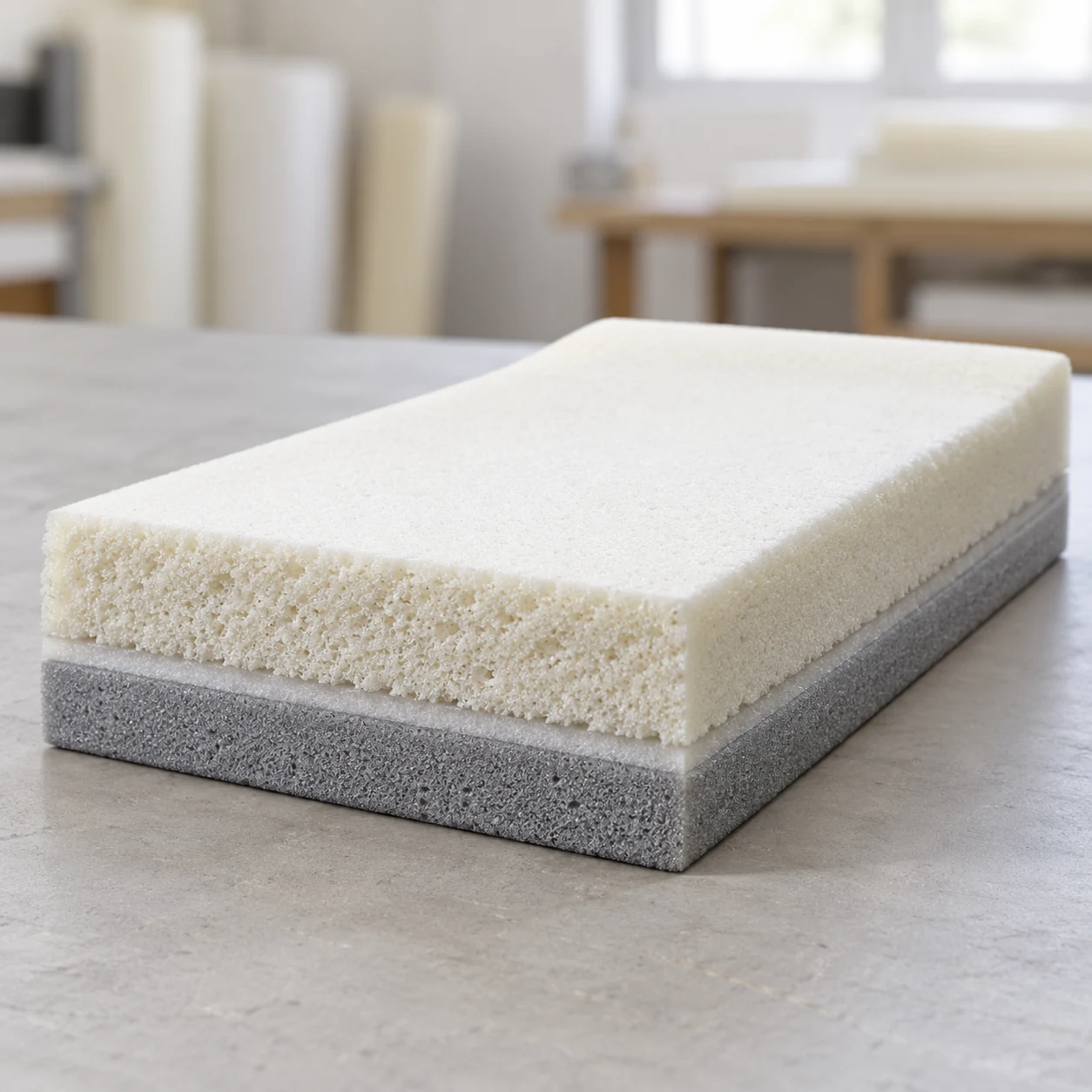 Foam block built up in three bonded layers for a treatment table pad