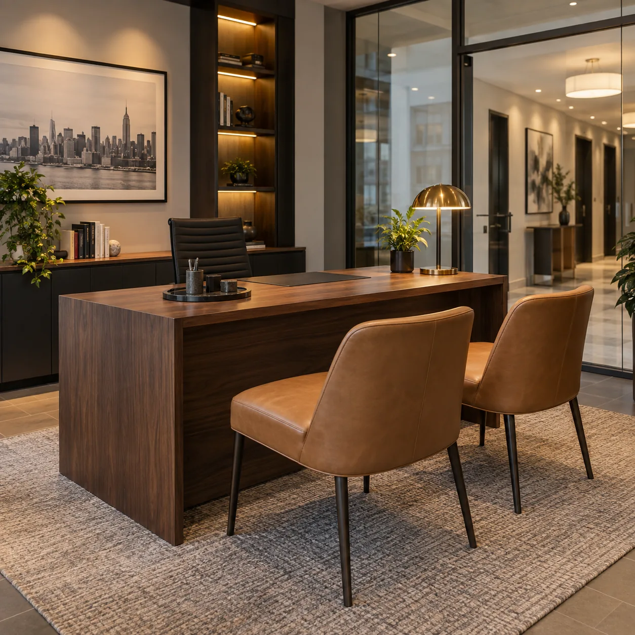 A leasing office desk with tan leather guest chairs