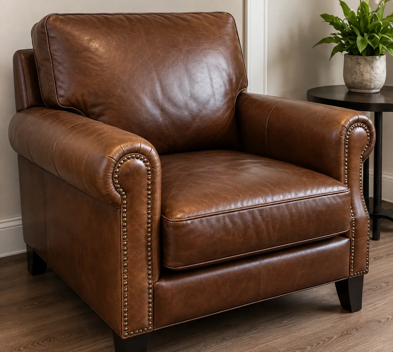 Brown leather armchair standing alone in a corner, one even color across every panel