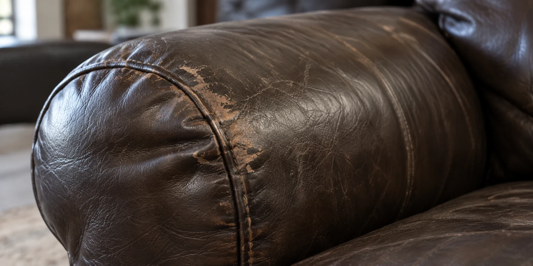 A dark brown leather armrest panel rubbed bare along the roll and the seam