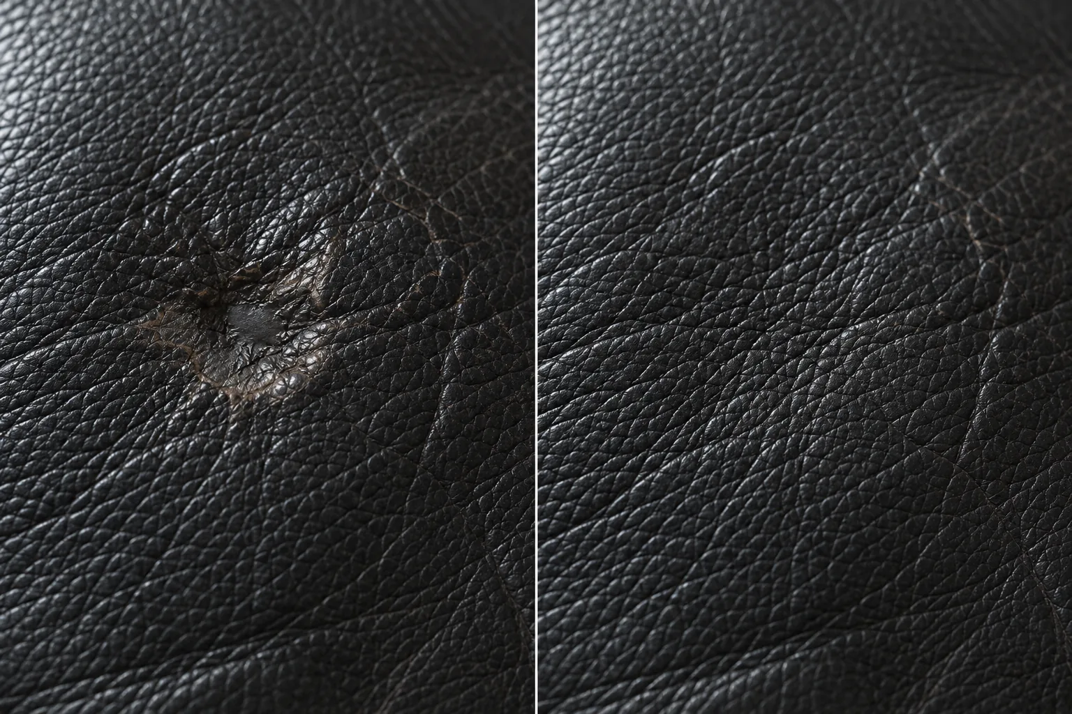 Burn on a black leather panel, before and after levelling and resealing
