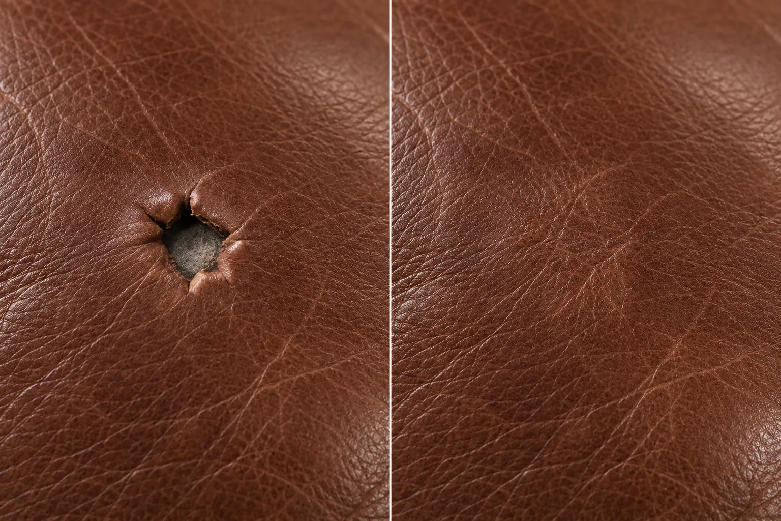 Cigarette burn through a tan leather seat, before and after it was backed and filled