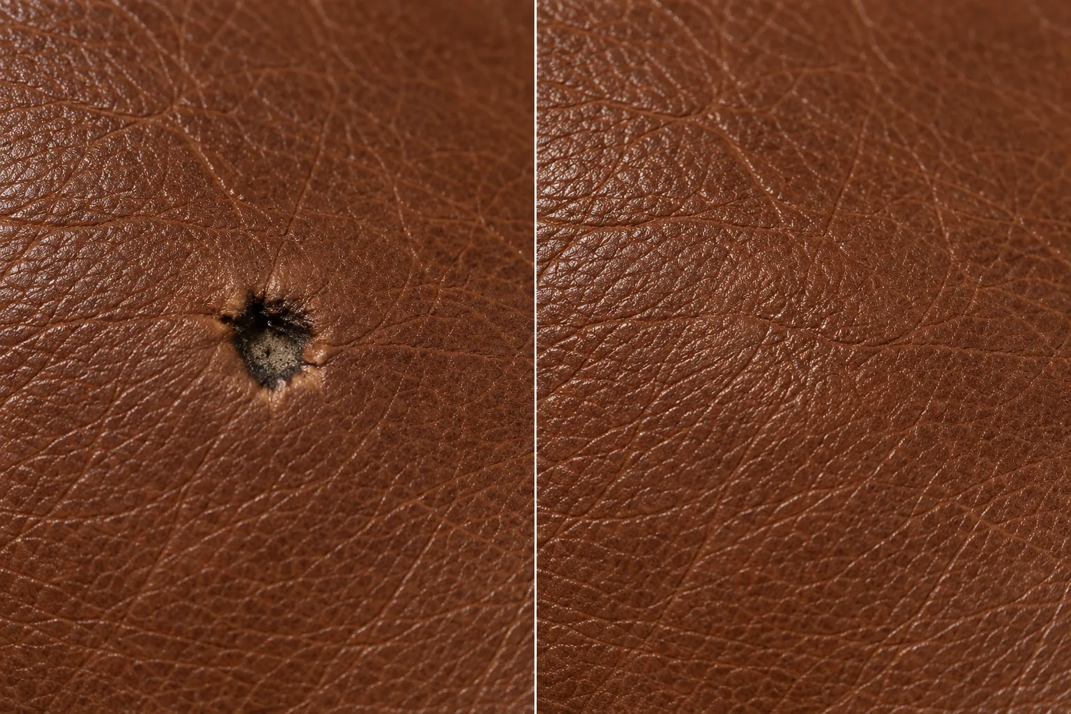 Ember burn in brown leather with a charred rim, before and after the rim was cut back