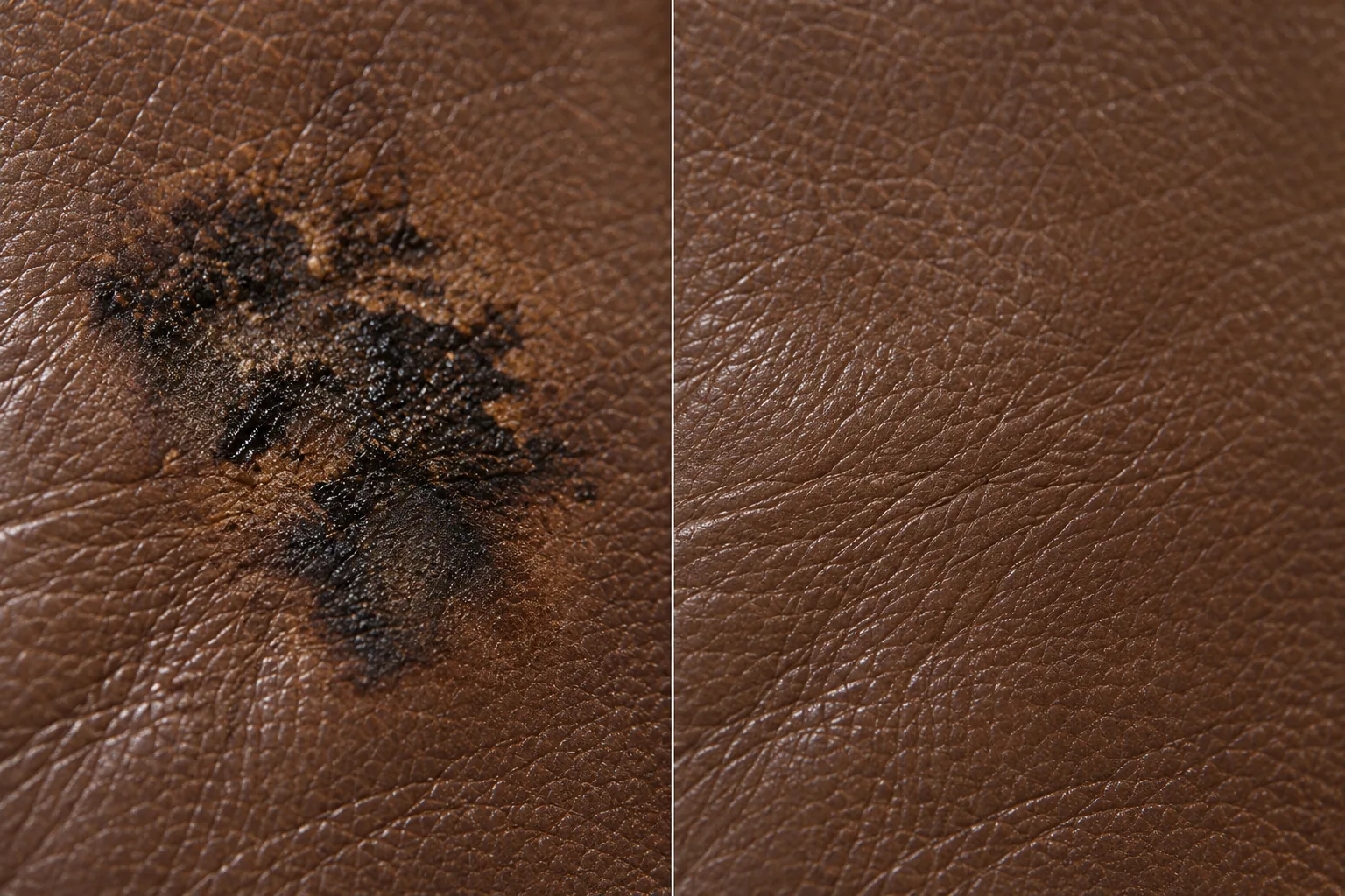 Scorching spread across brown leather grain, before and after rebuilding the surface