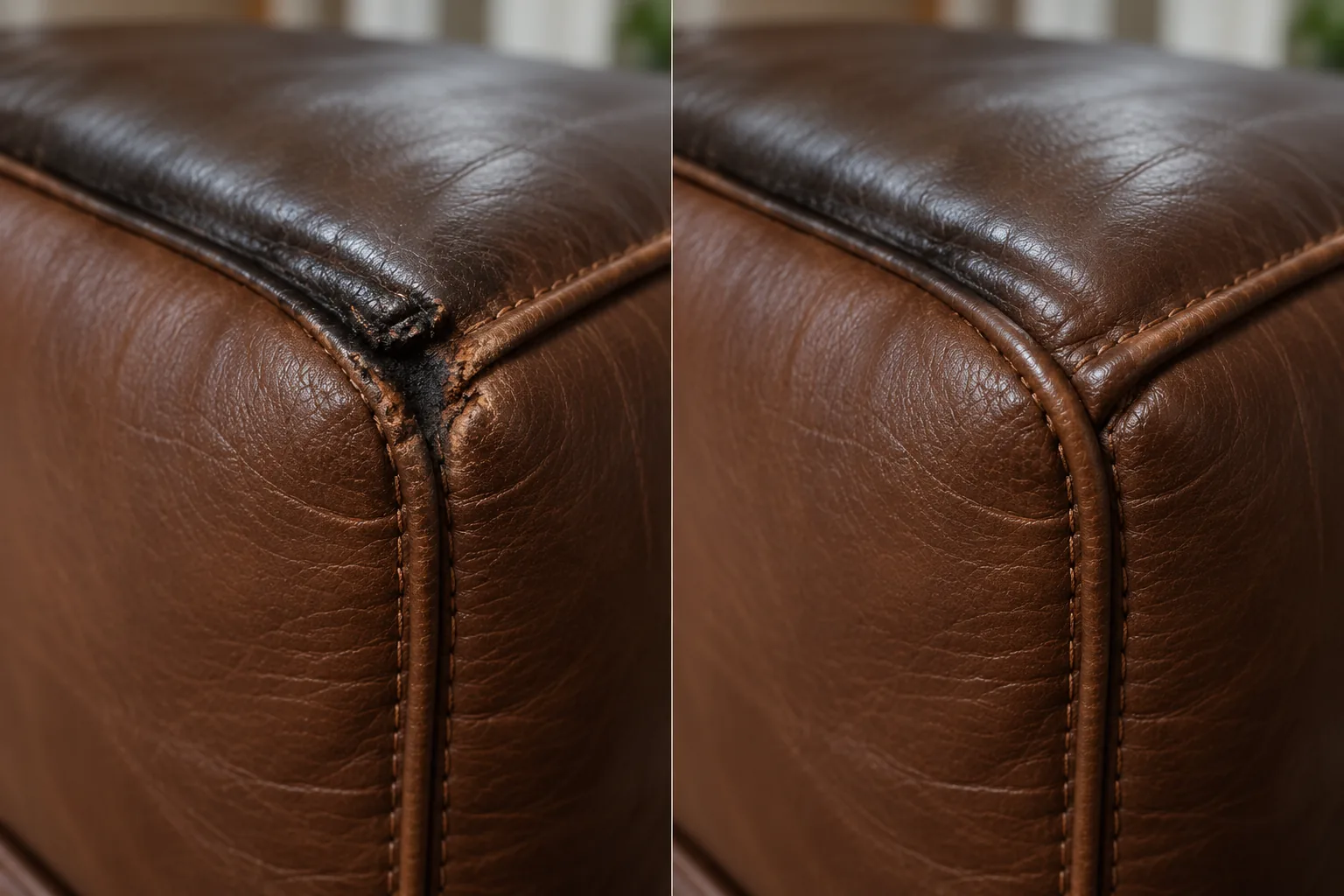 Burn along the edge of a dark brown leather sofa, before and after repair