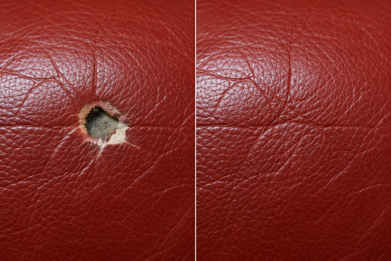 Burn hole in a red leather chair, before and after rebuilding and colour matching
