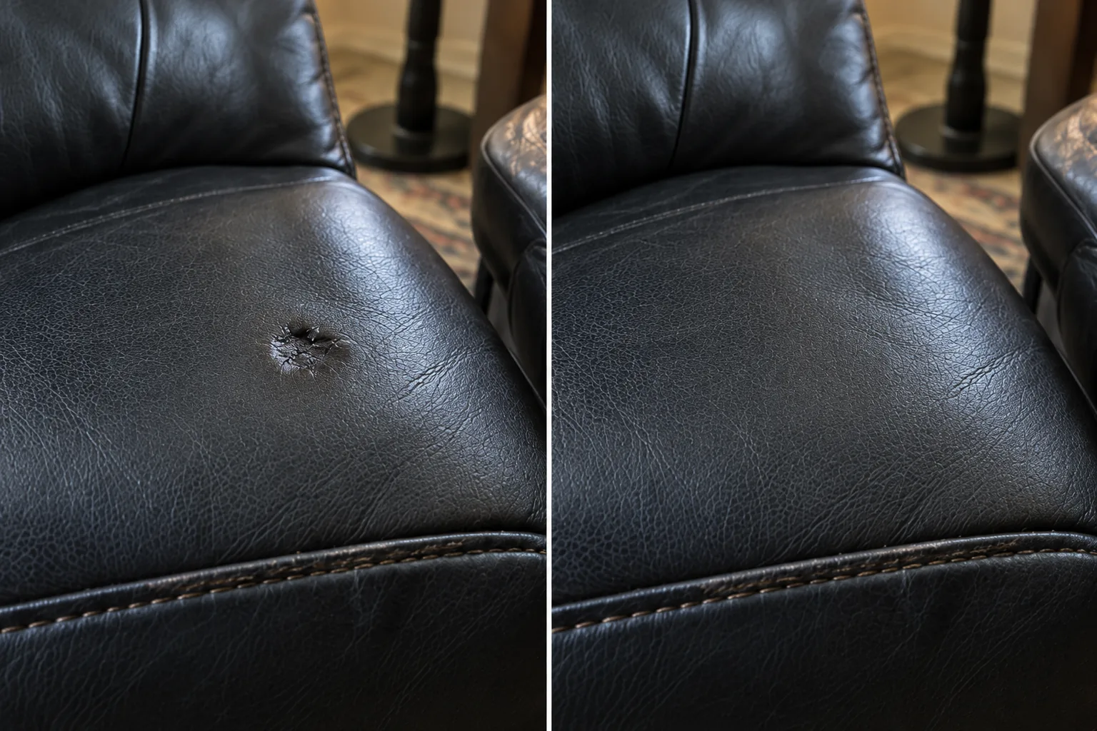 Melted finish on a black leather sofa seat, before and after the coating was rebuilt