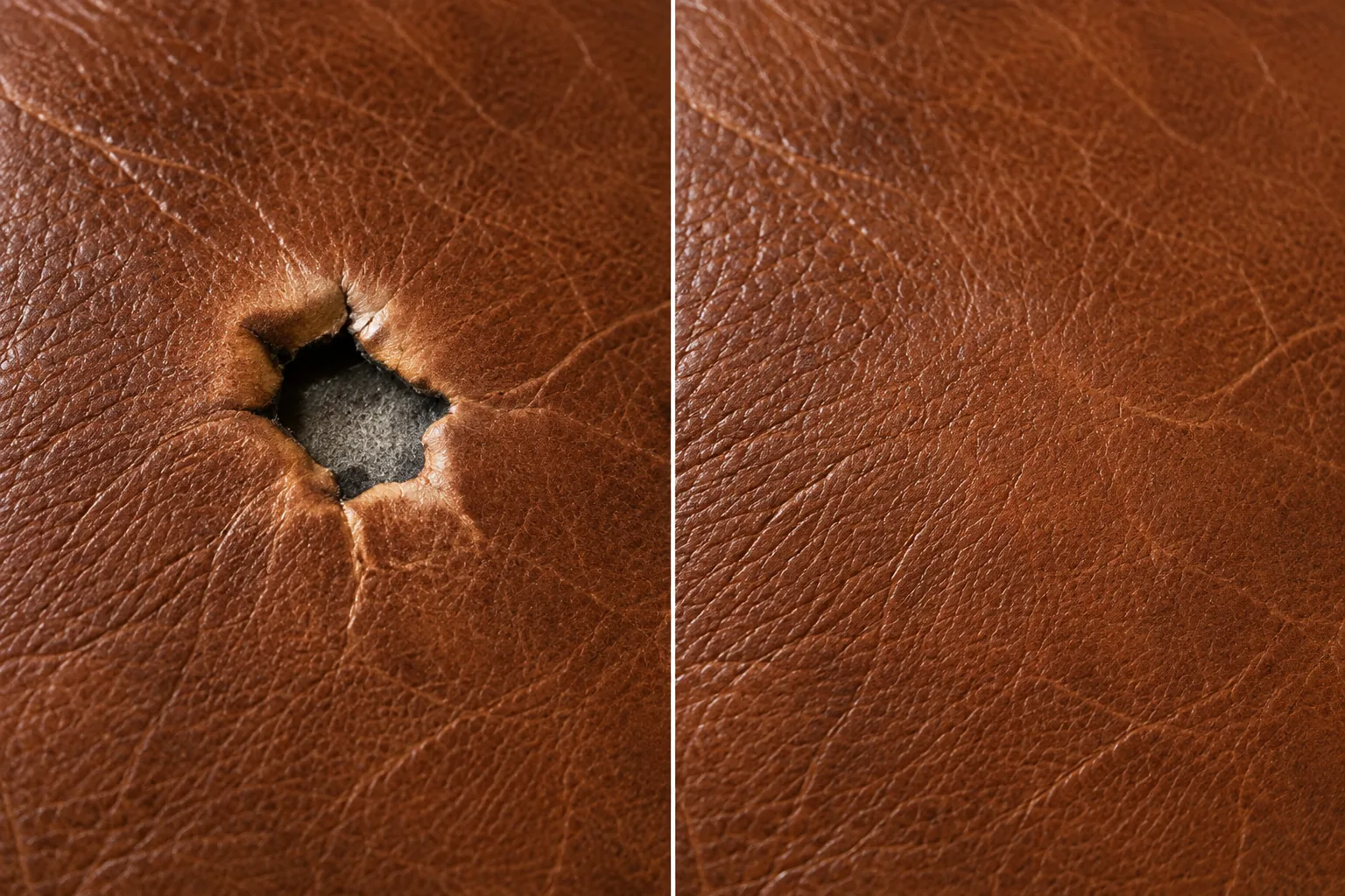 Charred burn hole in brown leather, before and after it was backed, filled and grained