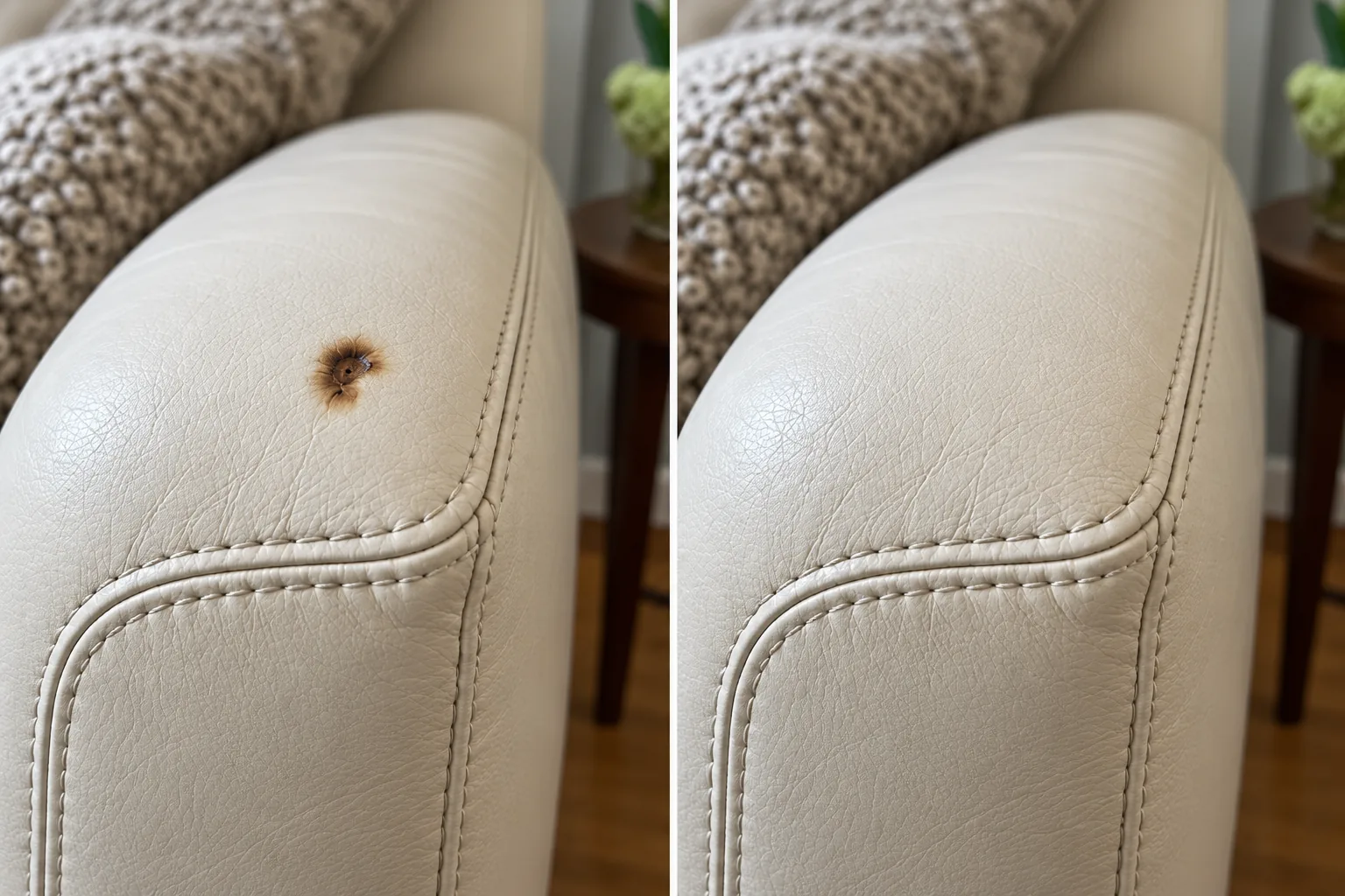Cigarette burn on a cream leather chair headrest, before and after leather burn repair