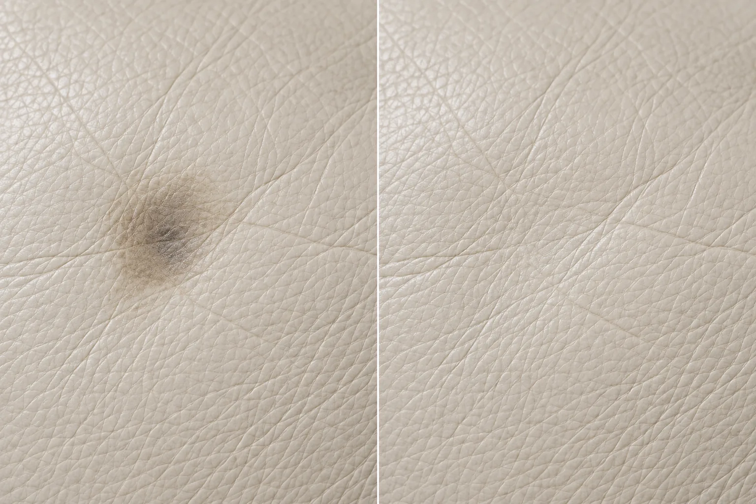 Ember burn pitted into cream leather, before and after the loss was rebuilt