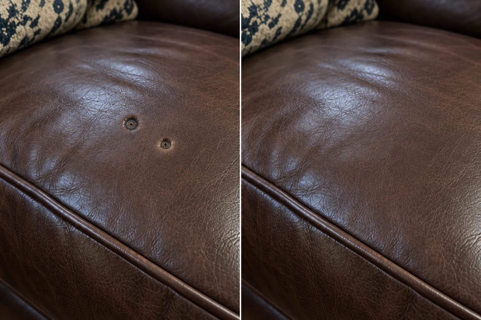 Scorched patch on a dark brown leather sofa, before and after repair