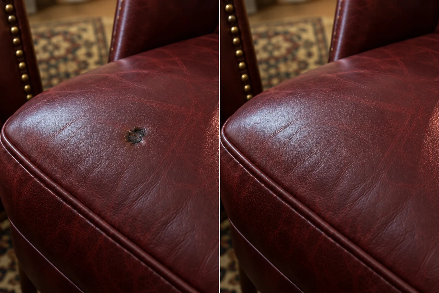 Burn near the edge of a red leather chair, before and after leather burn repair