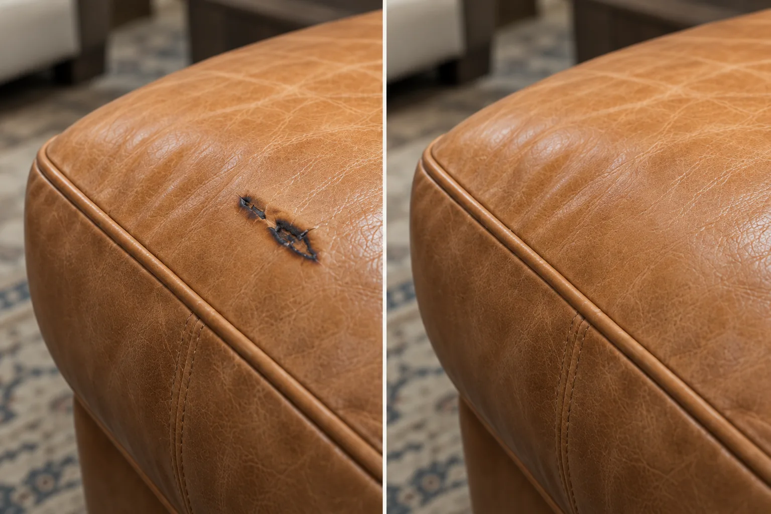 Heat mark on a tan leather sofa arm, before and after the finish was corrected