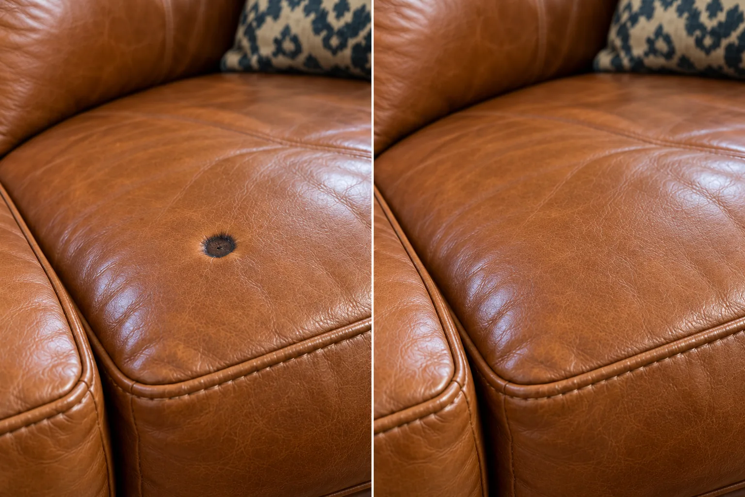 Burn with colour loss on a tan sofa cushion, before and after the pigment was matched back