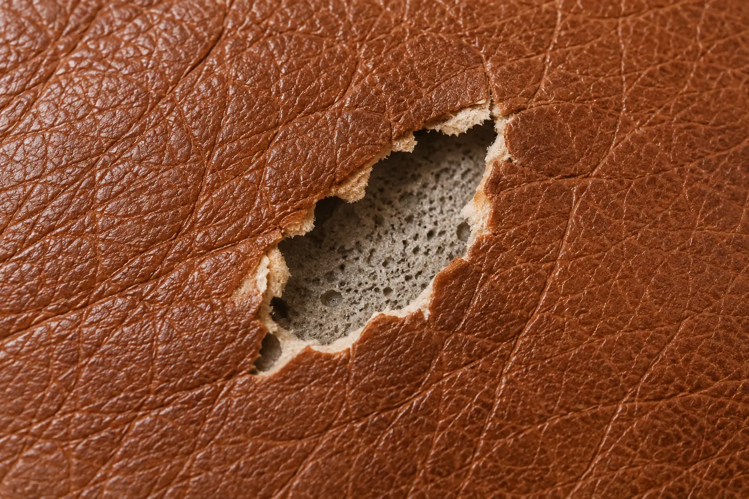 Burn hole in brown leather with torn edges and the grey foam underneath exposed