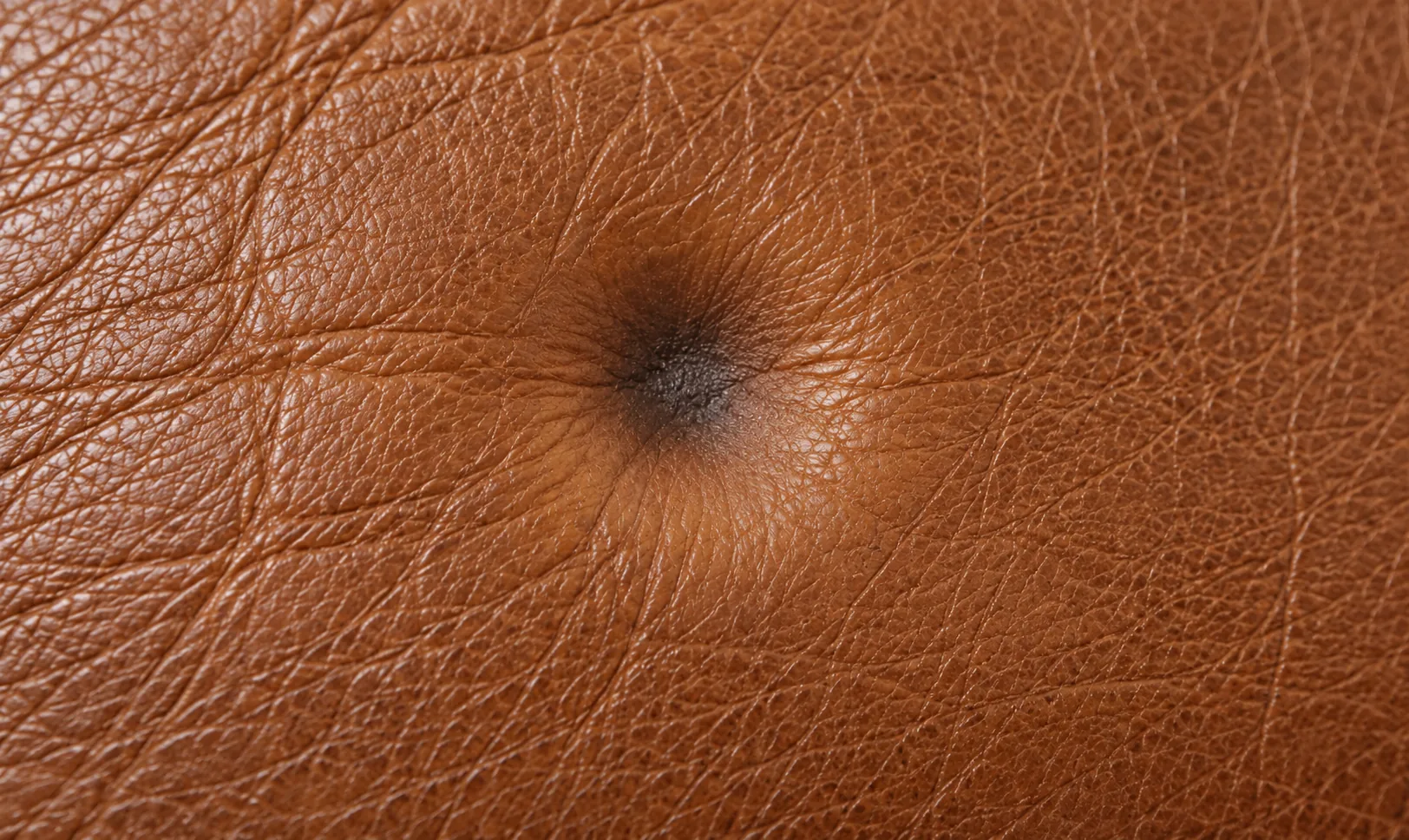 Heat mark on brown leather: the finish is scorched and darkened but the hide is not open