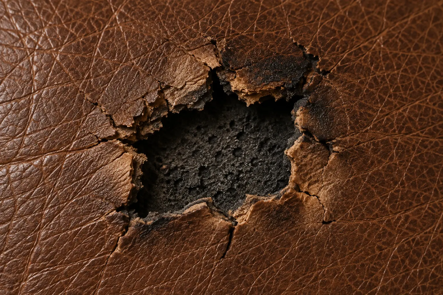 Severe burn on brown leather, charred and cracking across a wide area of the panel