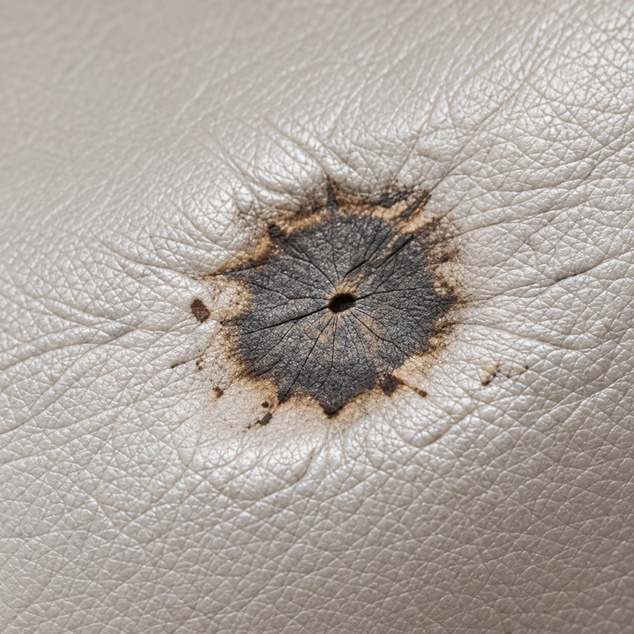 A cigarette burn in cream leather with a charred rim