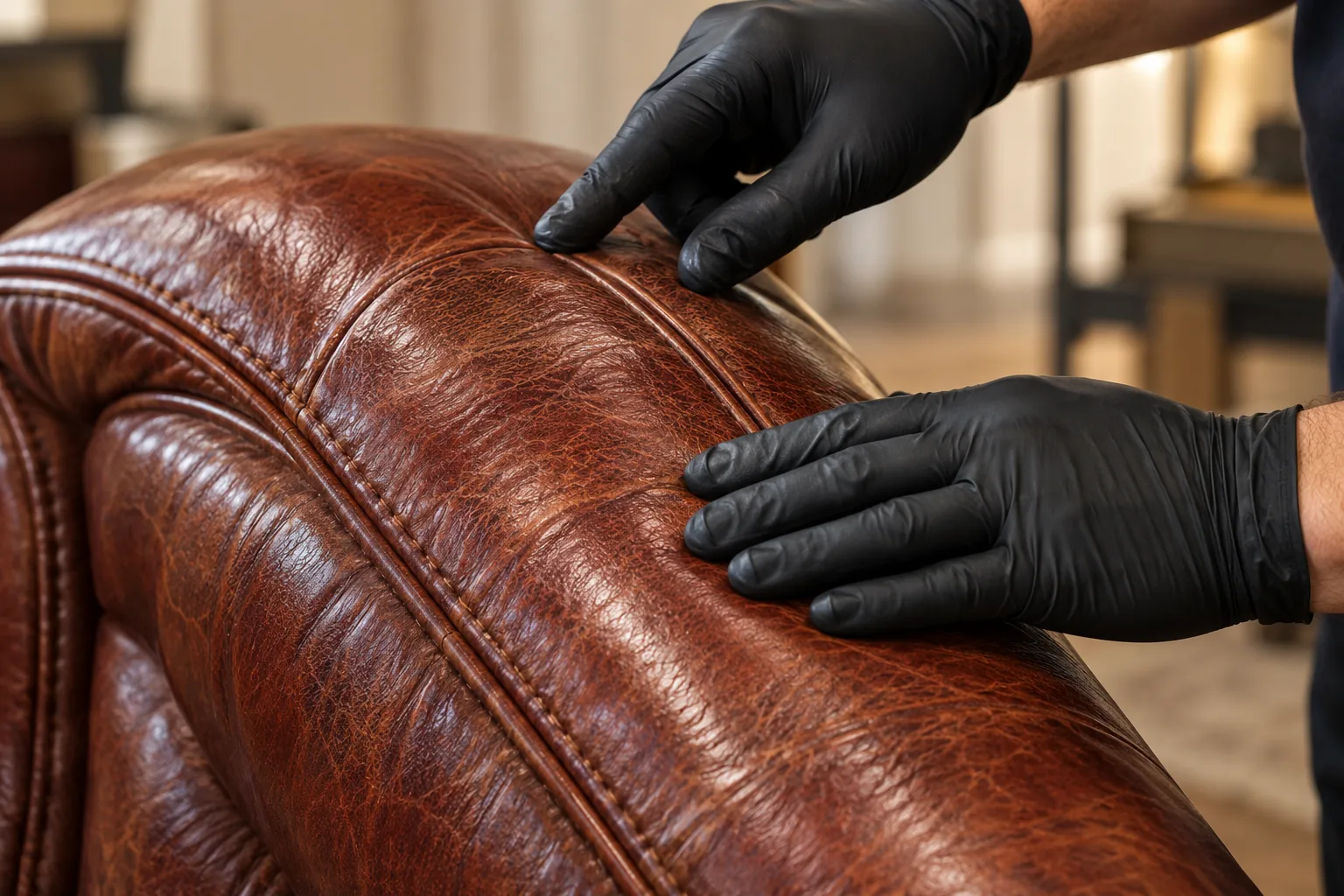 Gloved hands inspecting the seam on a leather chair arm