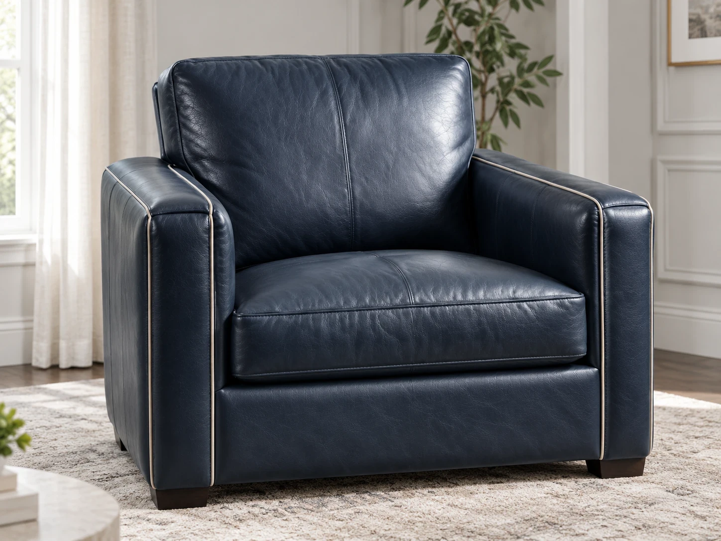 A navy leather armchair with contrast white piping