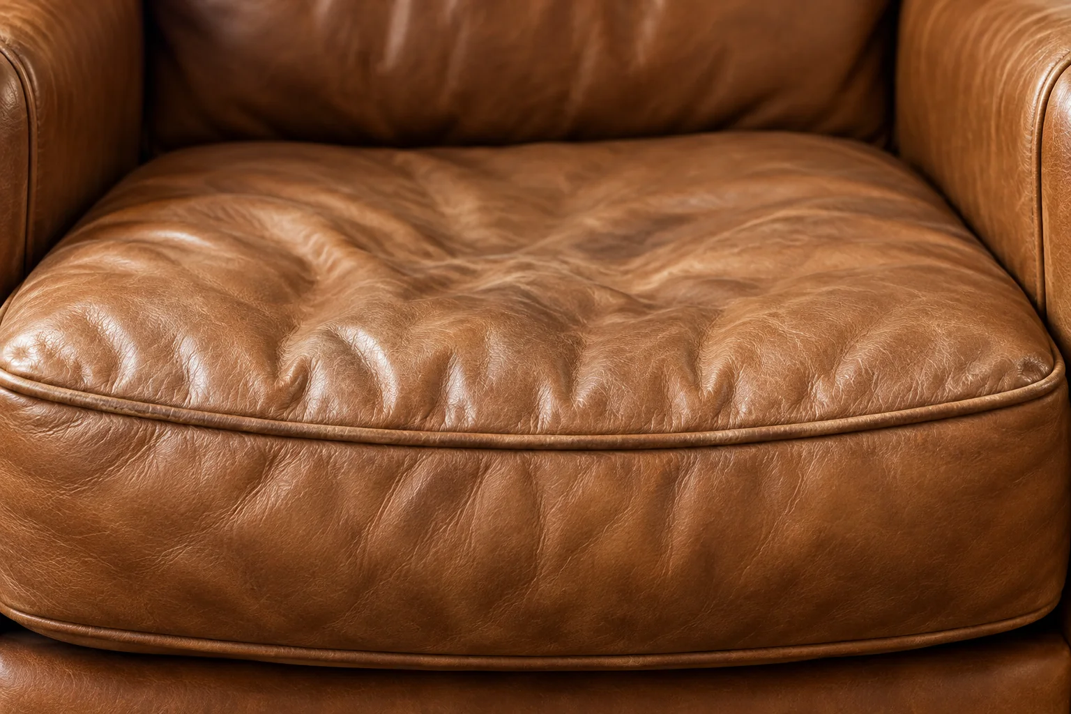 Tan leather club chair seat cushion collapsed and creased in the middle