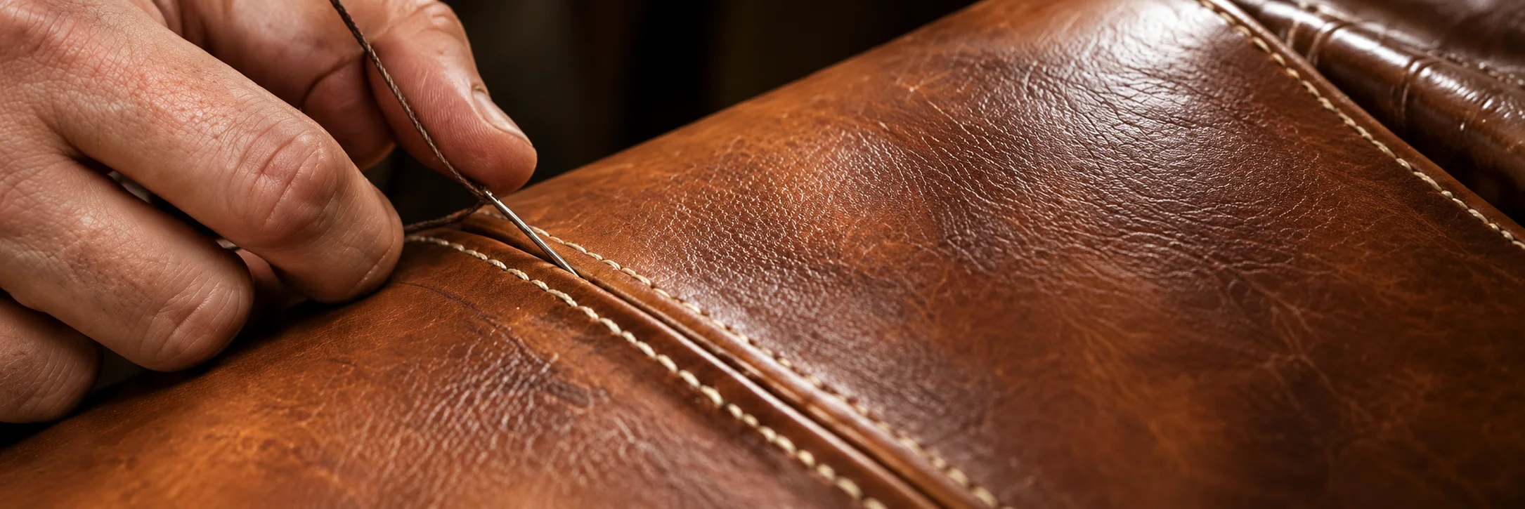 Close view of stitching on a leather seam