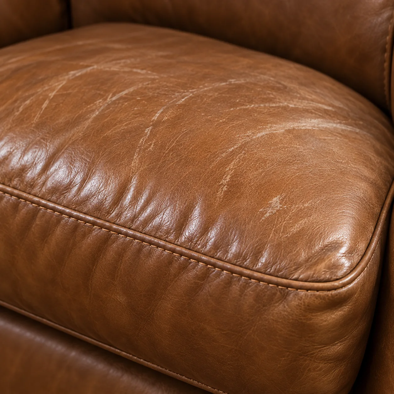 Corner of a tan leather seat cushion holding a full, square edge