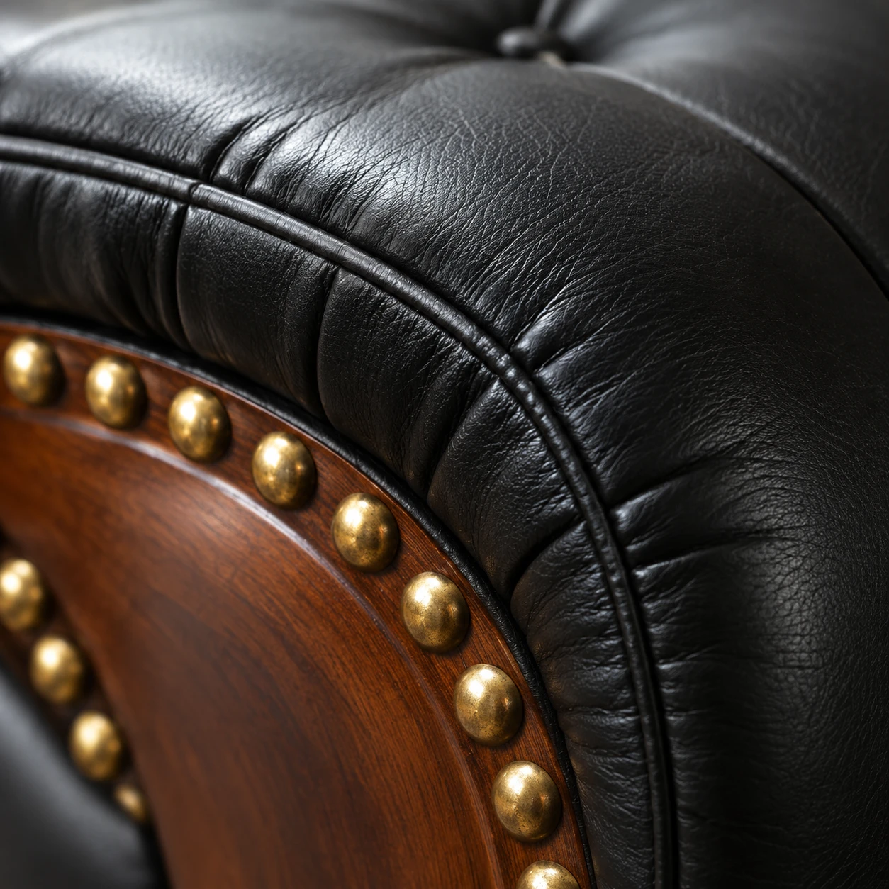 Black tufted leather meeting a polished walnut chair frame along a curved line of brass nailheads