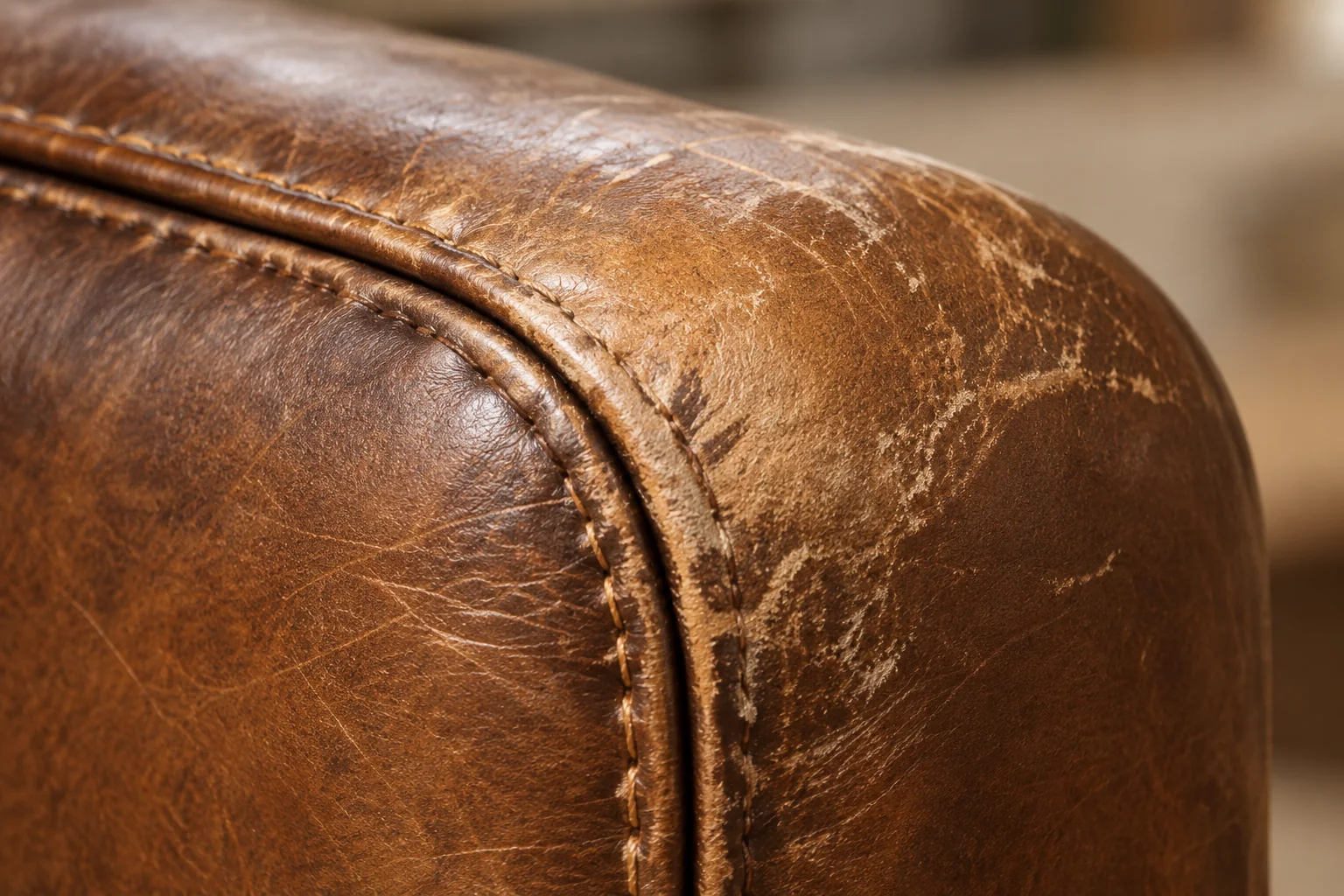 Crown of a rolled leather chair arm with the colour rubbed away along the edge