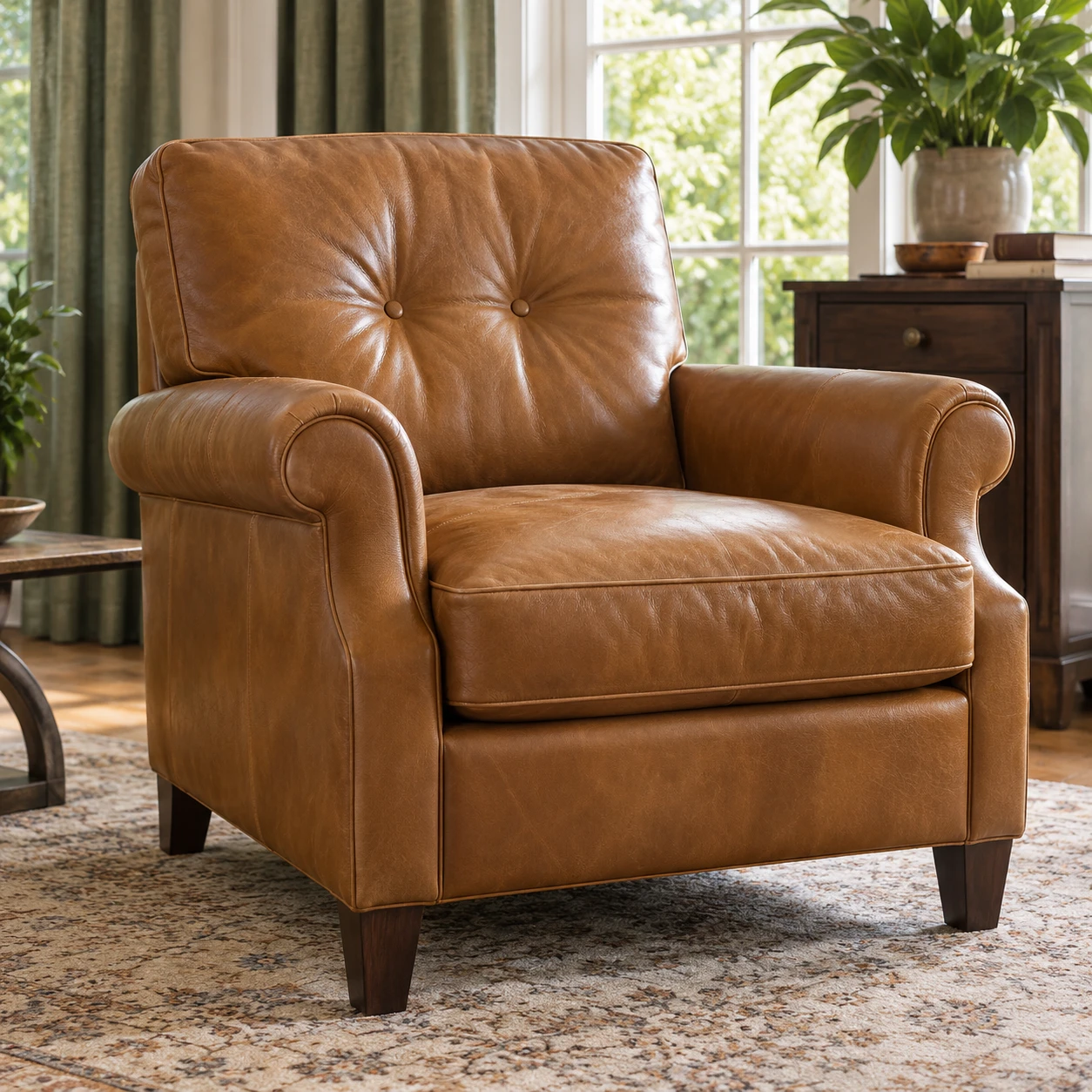 A tan buttoned leather armchair with rolled arms beside a window