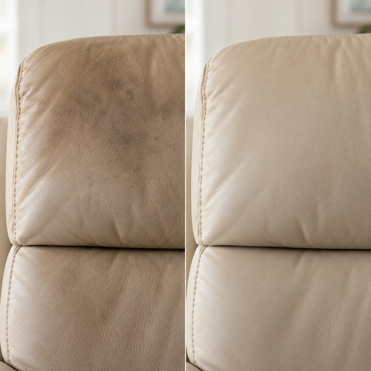 A beige leather recliner headrest marked with body oils beside the same headrest after cleaning