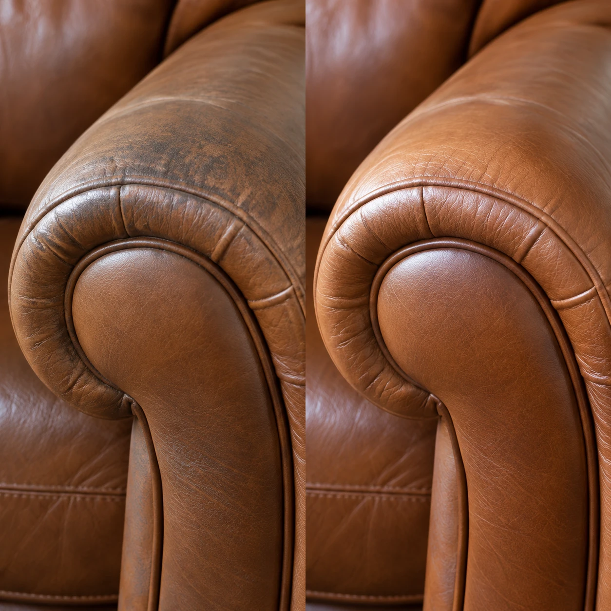 A cognac leather rolled arm darkened with dirt beside the same arm after cleaning
