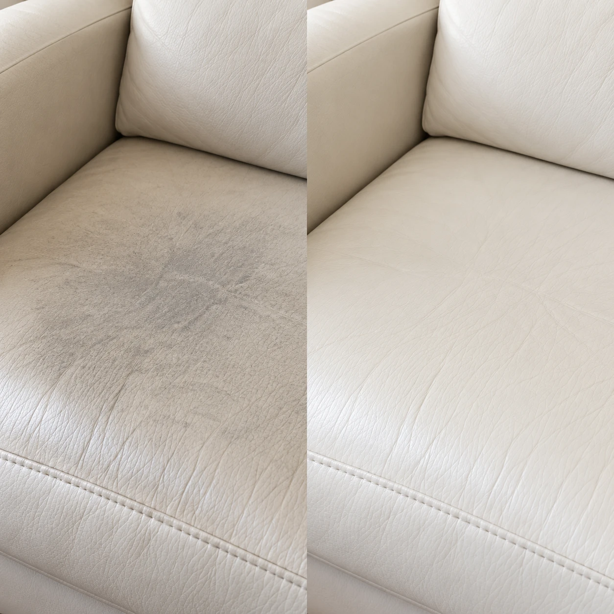 An ivory leather sofa seat with grey grime beside the same seat after cleaning