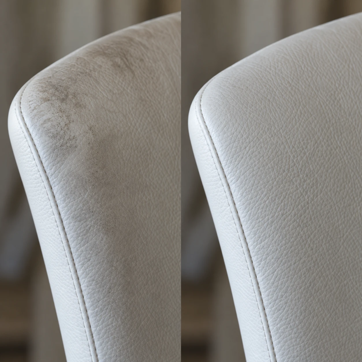 A pale grey leather dining chair back with soiling beside the same chair after cleaning