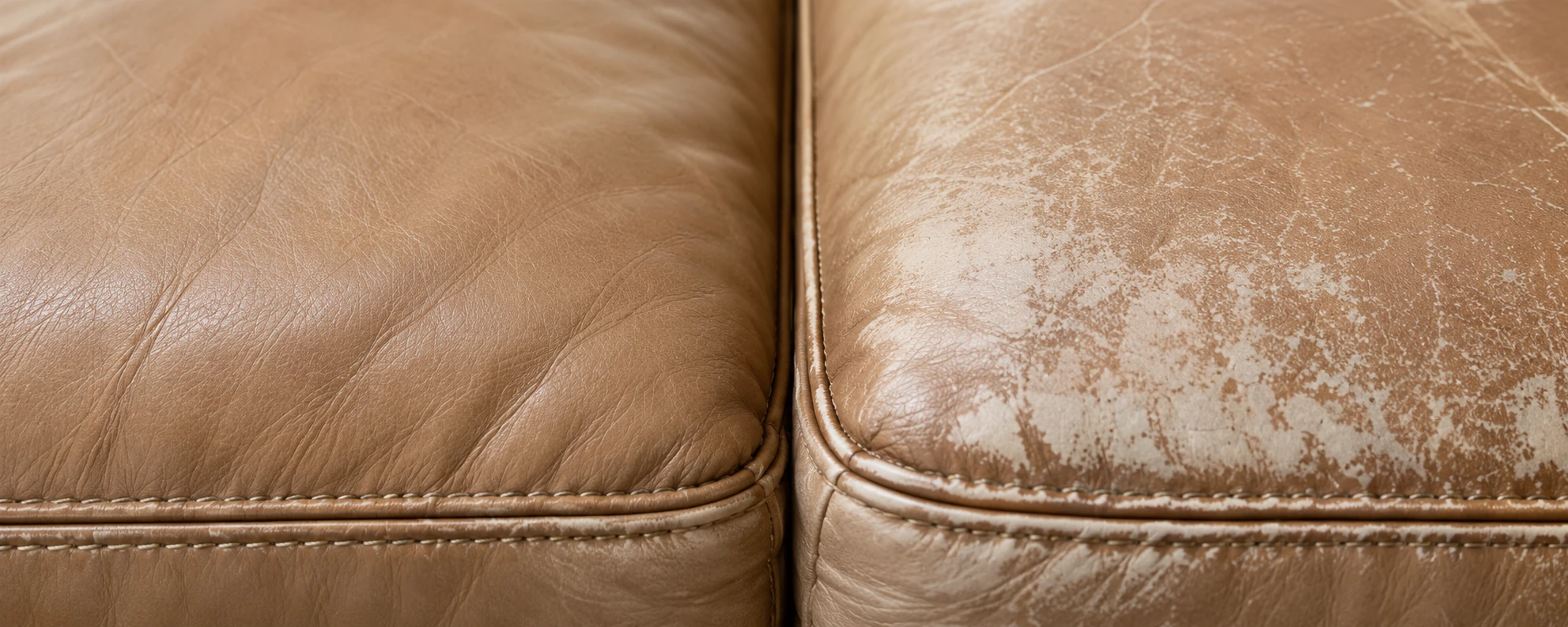 Two tan leather cushions side by side, the right one worn pale where the color has gone