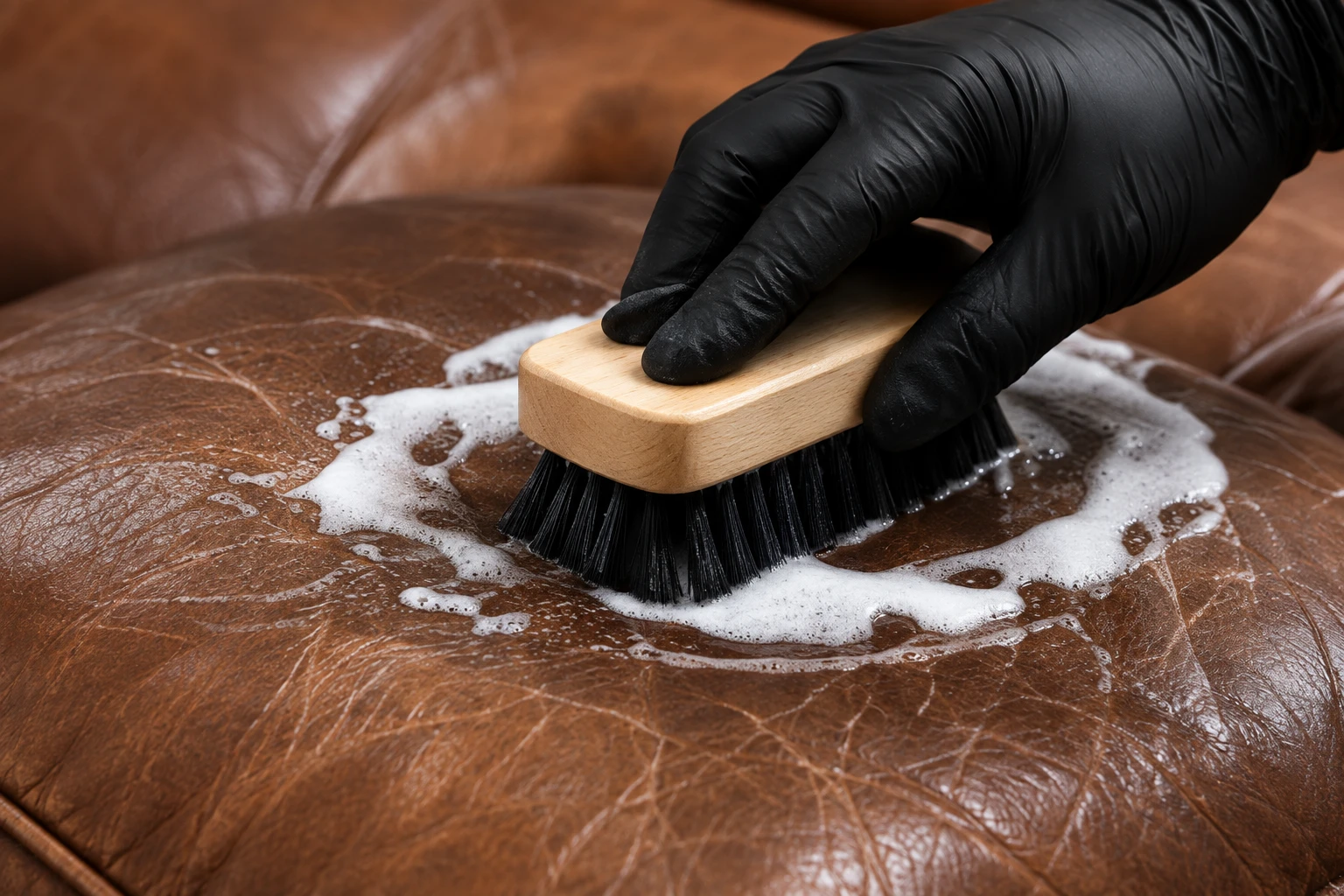 A gloved hand working cleaning foam into brown leather with a brush