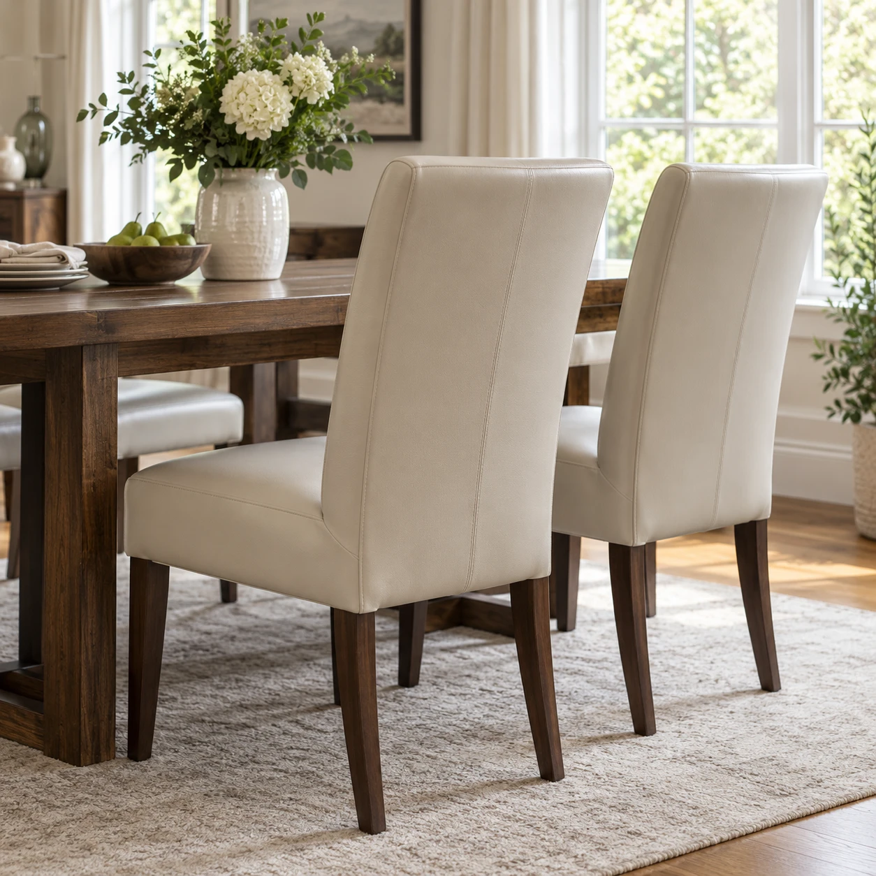 Two cream leather dining chairs at a dark wood table