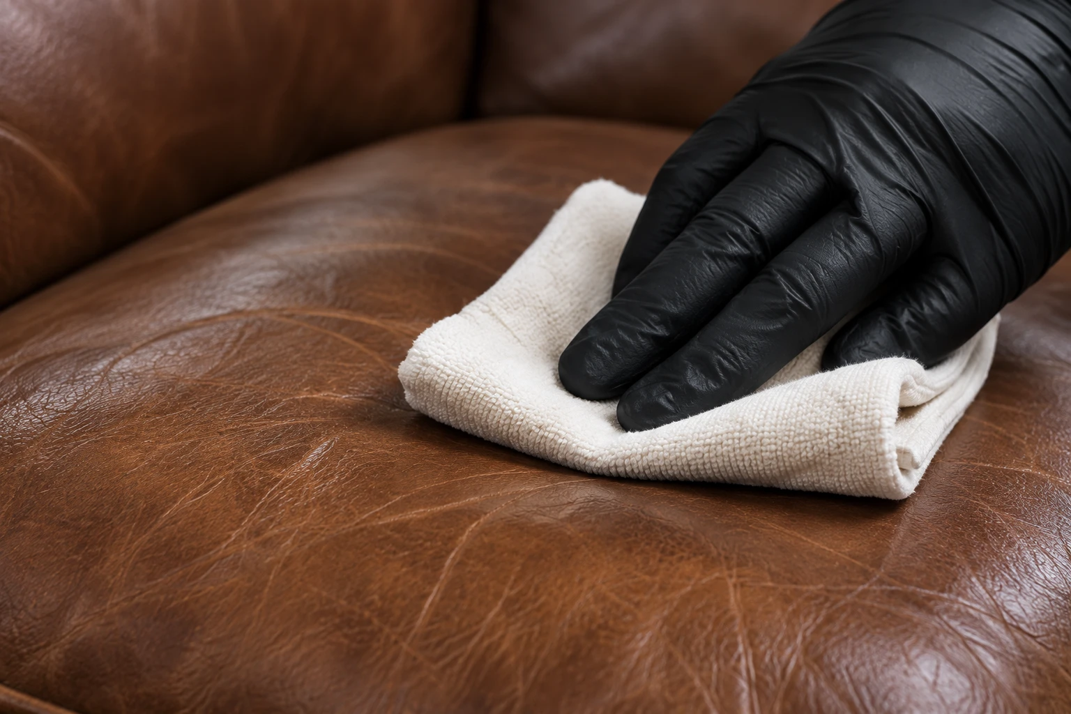 A gloved hand wiping brown leather down with a clean white cloth