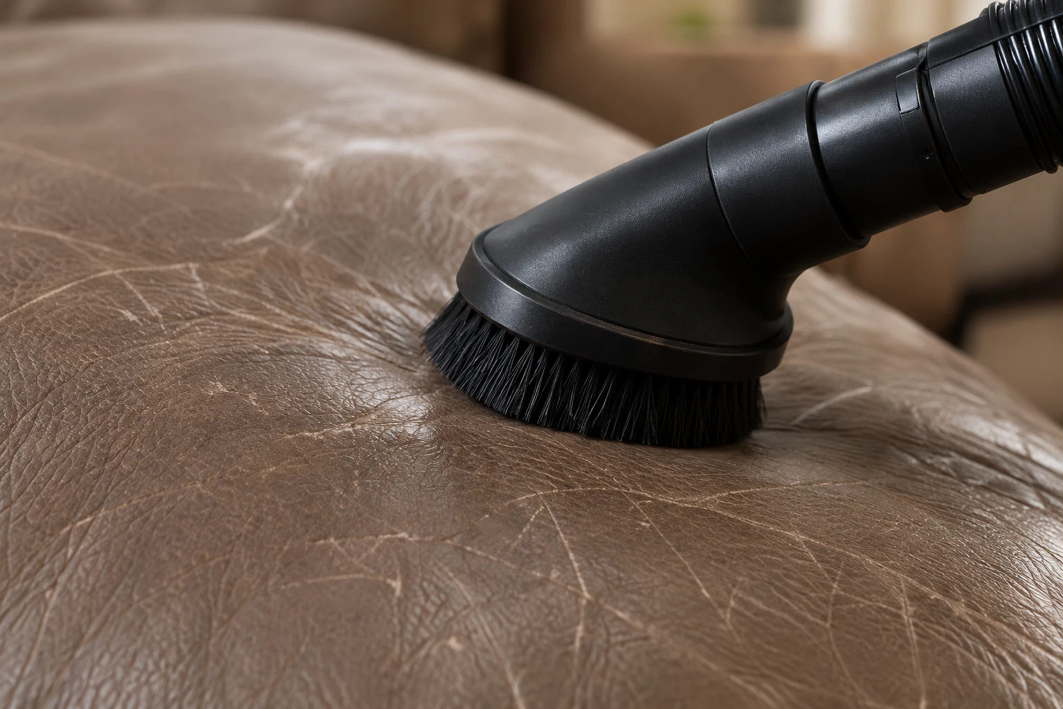 A soft brush vacuum nozzle lifting dust from brown leather